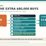Diagram comparing a $60,000 unit-only BOXABL Casita Studio with a $140,000 turnkey package and its added project layers